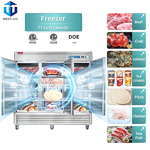 WESTLAKE Commercial Freezer, 82"W 3 Door Reach-in Solid Door Upright 72 Cu.ft for Restaurant, Bar, Shop, etc