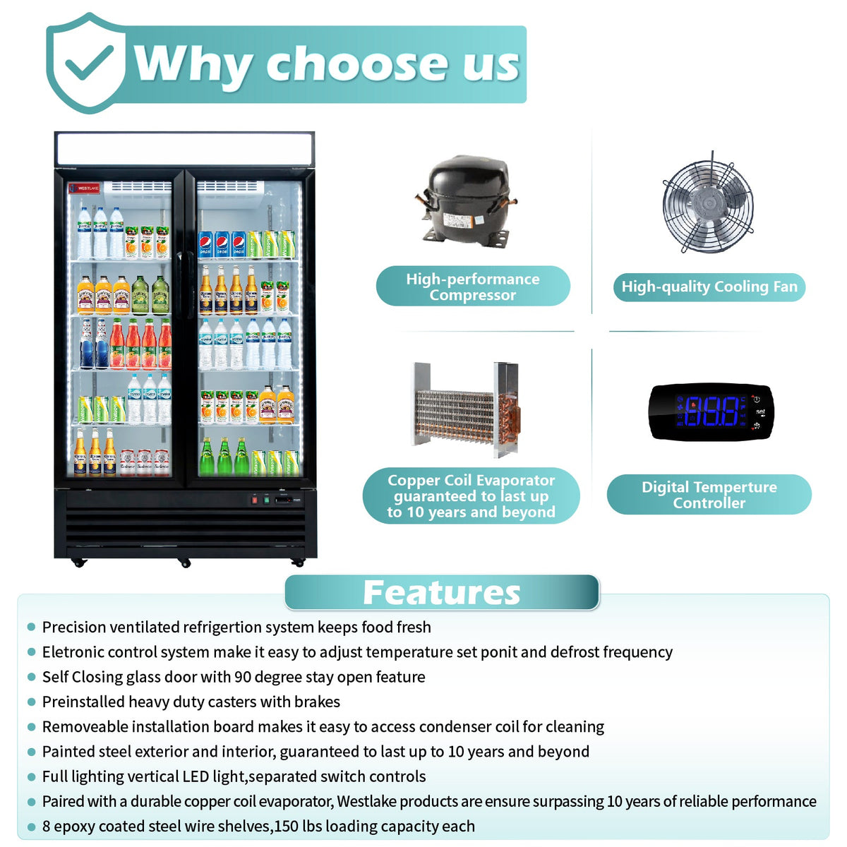 Commercial Refrigerator 2 Glass Door, WESTLAKE 48" W Merchandiser Reach-in Cooler Upright Fridge 36 Cu.ft for Restaurant, Bar, Shop, Retail