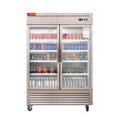 2 Glass Door Commercial Refrigerator, 49 Cu.ft Stainless Steel Reach in Upright Merchandiser