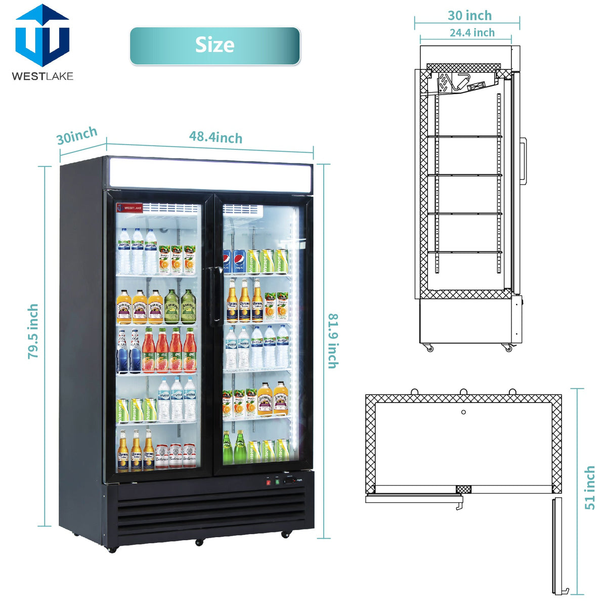 Commercial Refrigerator 2 Glass Door, WESTLAKE 48" W Merchandiser Reach-in Cooler Upright Fridge 36 Cu.ft for Restaurant, Bar, Shop, Retail