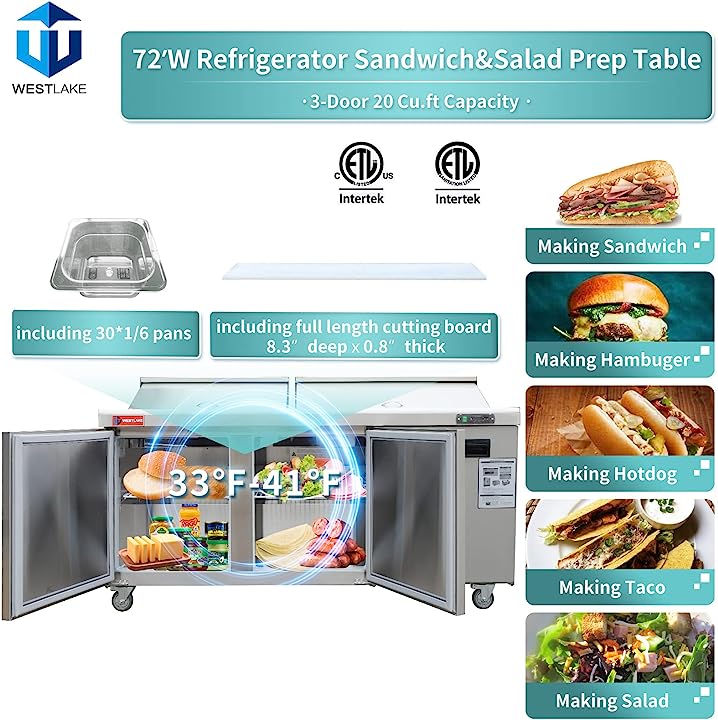 WESTLAKE 72" W 3 Door Refrigerator Sandwich & Salad Prep Table Commercial Mega Top Refrigerator