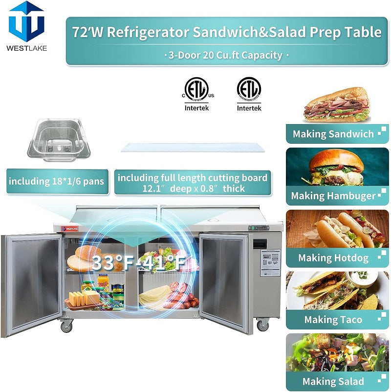 Commercial 72" W 3 Door Refrigerator Sandwich & Salad Prep Table Refrigerator
