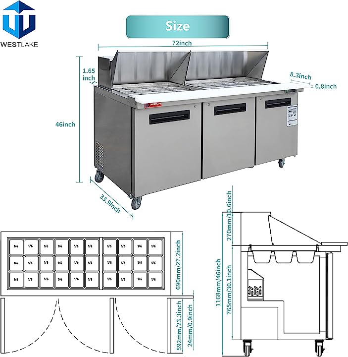 WESTLAKE 72" W 3 Door Refrigerator Sandwich & Salad Prep Table Commercial Mega Top Refrigerator