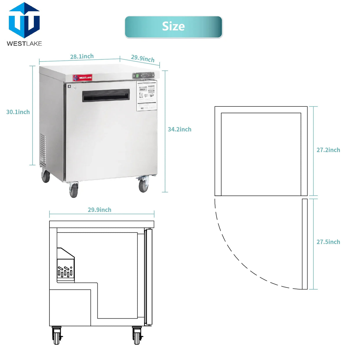 Commercial Undercounter Refrigerator, WESTLAKE 28" Single Door Stainless Steel Lowboy Cooler Worktop Fridge 6.3 Cu.ft