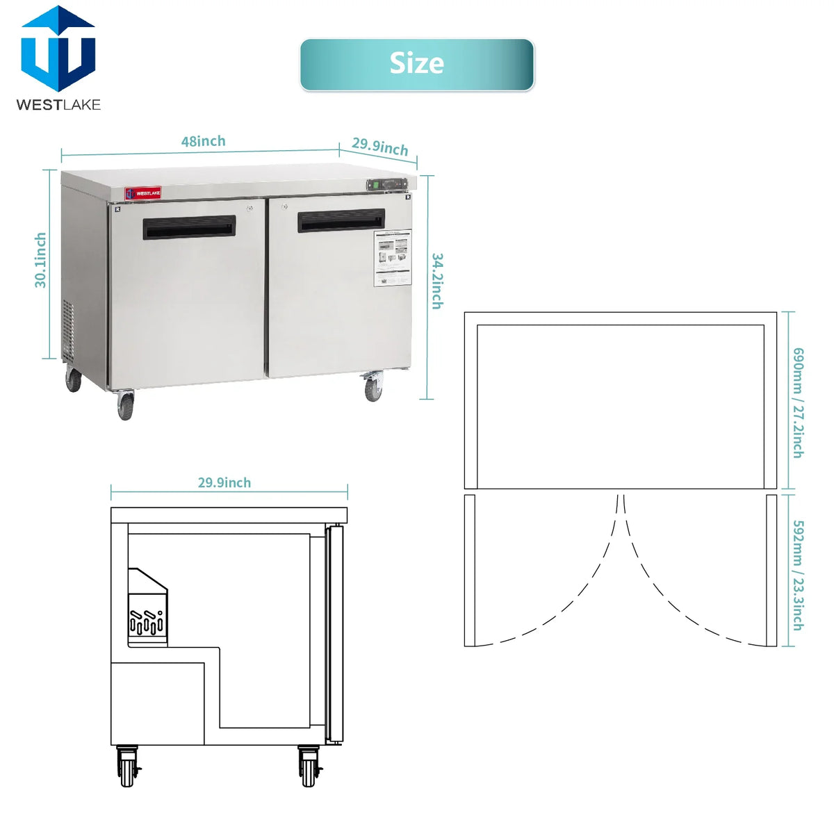 Commercial Undercounter Refrigerator, WESTLAKE 48" Double Door Stainless Steel Lowboy Cooler Worktop Fridge 12 Cu.ft