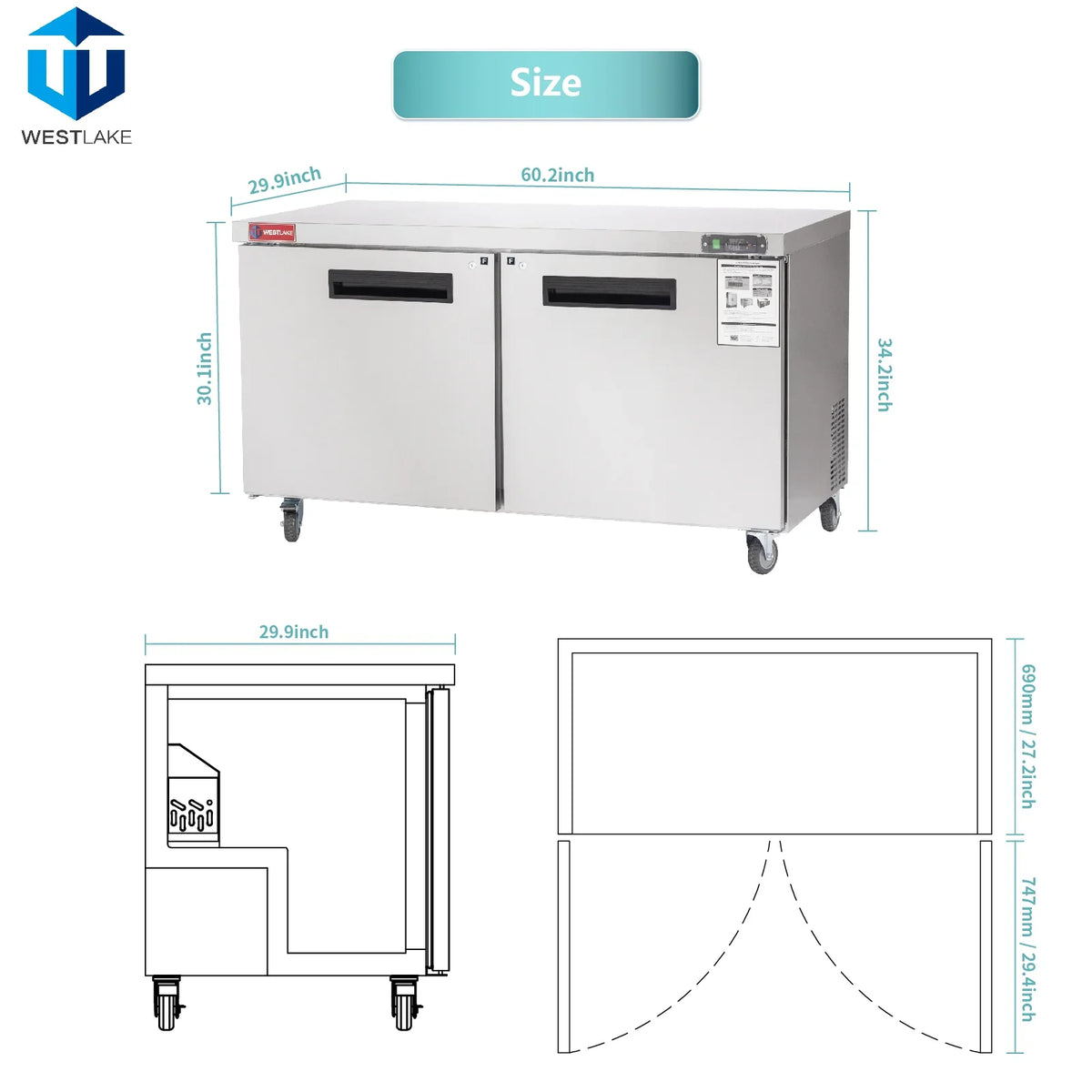 Commercial Undercounter Freezer, WESTLAKE 60" Double Door Stainless Steel Lowboy Worktop Freezer 14.8 Cu.ft