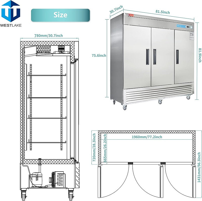 Commercial Reach in Freezer, 3 door 72 Cu.ft Stainless Steel Commercial Upright Freezer
