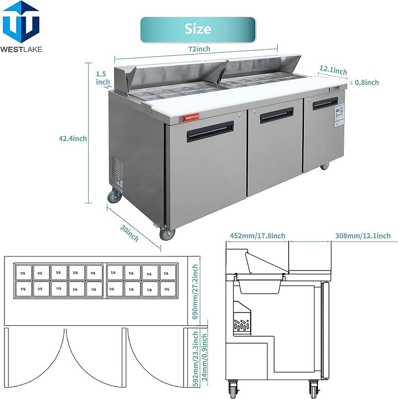 Commercial 72" W 3 Door Refrigerator Sandwich & Salad Prep Table Refrigerator