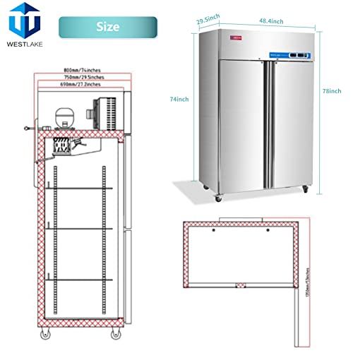 WESTLAKE Commercial Refrigerator Freezer Combo, 48" W 2 door Solid Reach in 36 Cu.ft for Restaurant, Bar, Shop, etc
