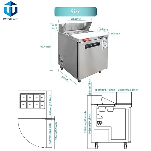 27 inch Salad Sandwich Prep Table Refrigerator, Stainless Steel Single Door Food Prep Cooler