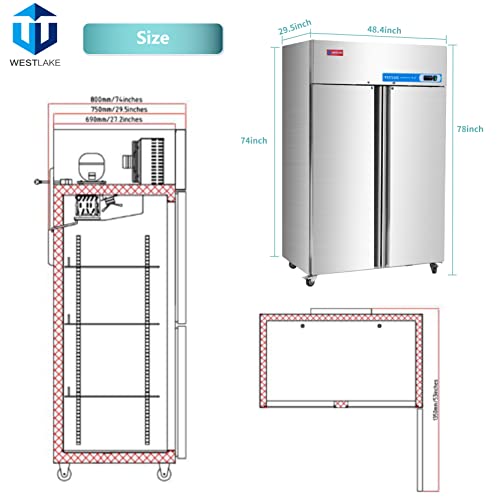 WESTLAKE Commercial Freezer, 48"W 2 door Reach in Solid 36 Cu.ft for Restaurant, Bar, Shop, etc