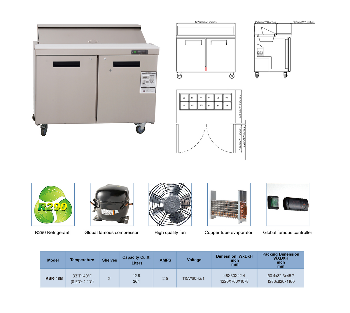 48 inch Salad Sandwich Prep Table Refrigerator, Stainless Steel Food Prep Cooler
