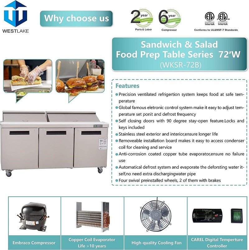 Commercial 72" W 3 Door Refrigerator Sandwich & Salad Prep Table Refrigerator