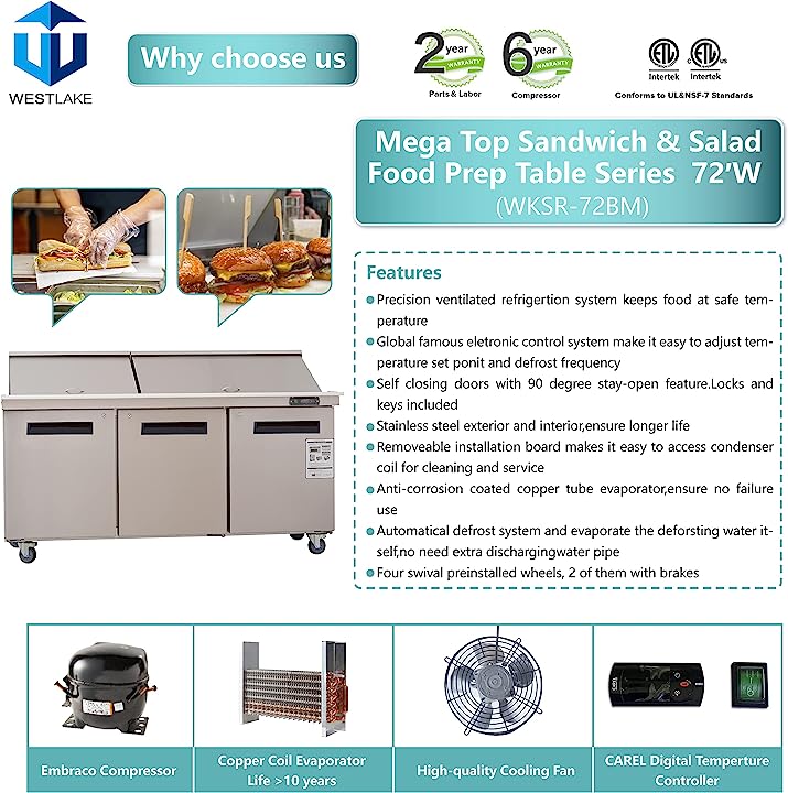 WESTLAKE 72" W 3 Door Refrigerator Sandwich & Salad Prep Table Commercial Mega Top Refrigerator