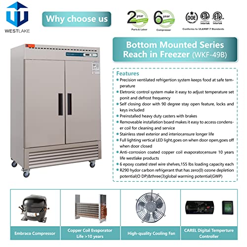 WESTLAKE Commercial Freezer, 54"W 2 Door Stainless Steel Reach-in Solid Door Upright 49 Cu.ft for Restaurant, Bar, Shop, etc