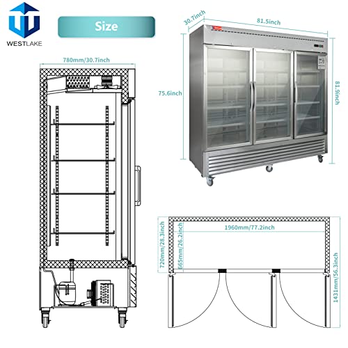 3 Glass Door Commercial Refrigerator, 72 Cu.ft Stainless Steel Reach in Upright Merchandiser