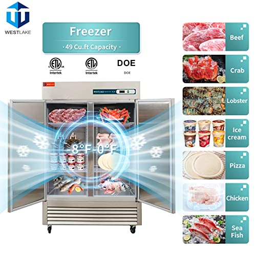 WESTLAKE Commercial Freezer, 54"W 2 Door Stainless Steel Reach-in Solid Door Upright 49 Cu.ft for Restaurant, Bar, Shop, etc