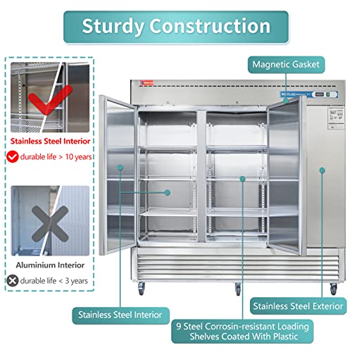 WESTLAKE Commercial Freezer, 82"W 3 Door Reach-in Solid Door Upright 72 Cu.ft for Restaurant, Bar, Shop, etc