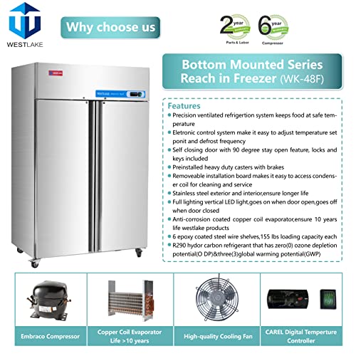 WESTLAKE Commercial Freezer, 48"W 2 door Reach in Solid 36 Cu.ft for Restaurant, Bar, Shop, etc