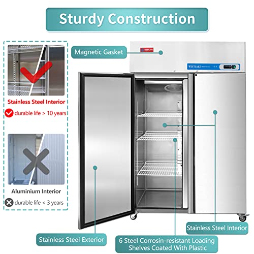 WESTLAKE Commercial Freezer, 48"W 2 door Reach in Solid 36 Cu.ft for Restaurant, Bar, Shop, etc