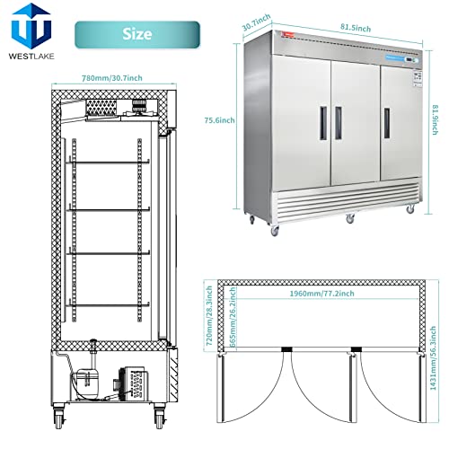WESTLAKE Commercial Freezer, 82"W 3 Door Reach-in Solid Door Upright 72 Cu.ft for Restaurant, Bar, Shop, etc