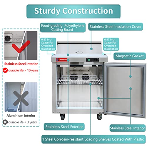 27 inch Salad Sandwich Prep Table Refrigerator, Stainless Steel Single Door Food Prep Cooler