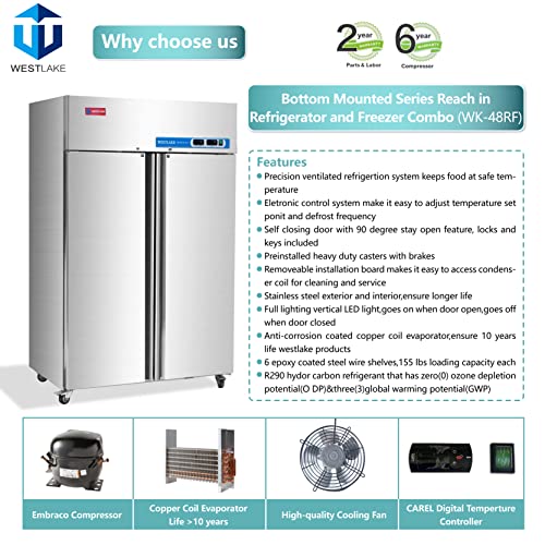 WESTLAKE Commercial Refrigerator Freezer Combo, 48" W 2 door Solid Reach in 36 Cu.ft for Restaurant, Bar, Shop, etc