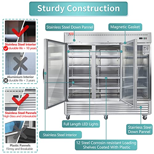 3 Glass Door Commercial Refrigerator, 72 Cu.ft Stainless Steel Reach in Upright Merchandiser