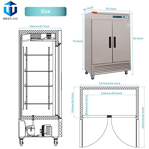 WESTLAKE Commercial Freezer, 54"W 2 Door Stainless Steel Reach-in Solid Door Upright 49 Cu.ft for Restaurant, Bar, Shop, etc