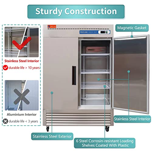 WESTLAKE Commercial Freezer, 54"W 2 Door Stainless Steel Reach-in Solid Door Upright 49 Cu.ft for Restaurant, Bar, Shop, etc
