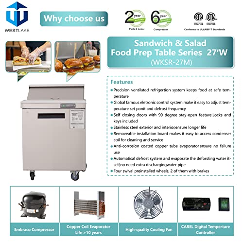 27 inch Salad Sandwich Prep Table Refrigerator, Stainless Steel Single Door Food Prep Cooler