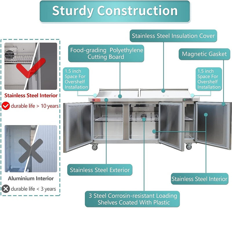 Commercial 72" W 3 Door Refrigerator Sandwich & Salad Prep Table Refrigerator