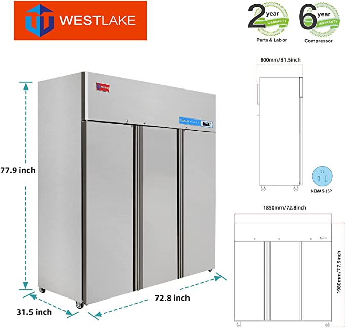 Commercial Reach in Fridge, 3 door 54 Cu.ft  Stainless Steel Commercial Reach in Solid door Upright refrigerator