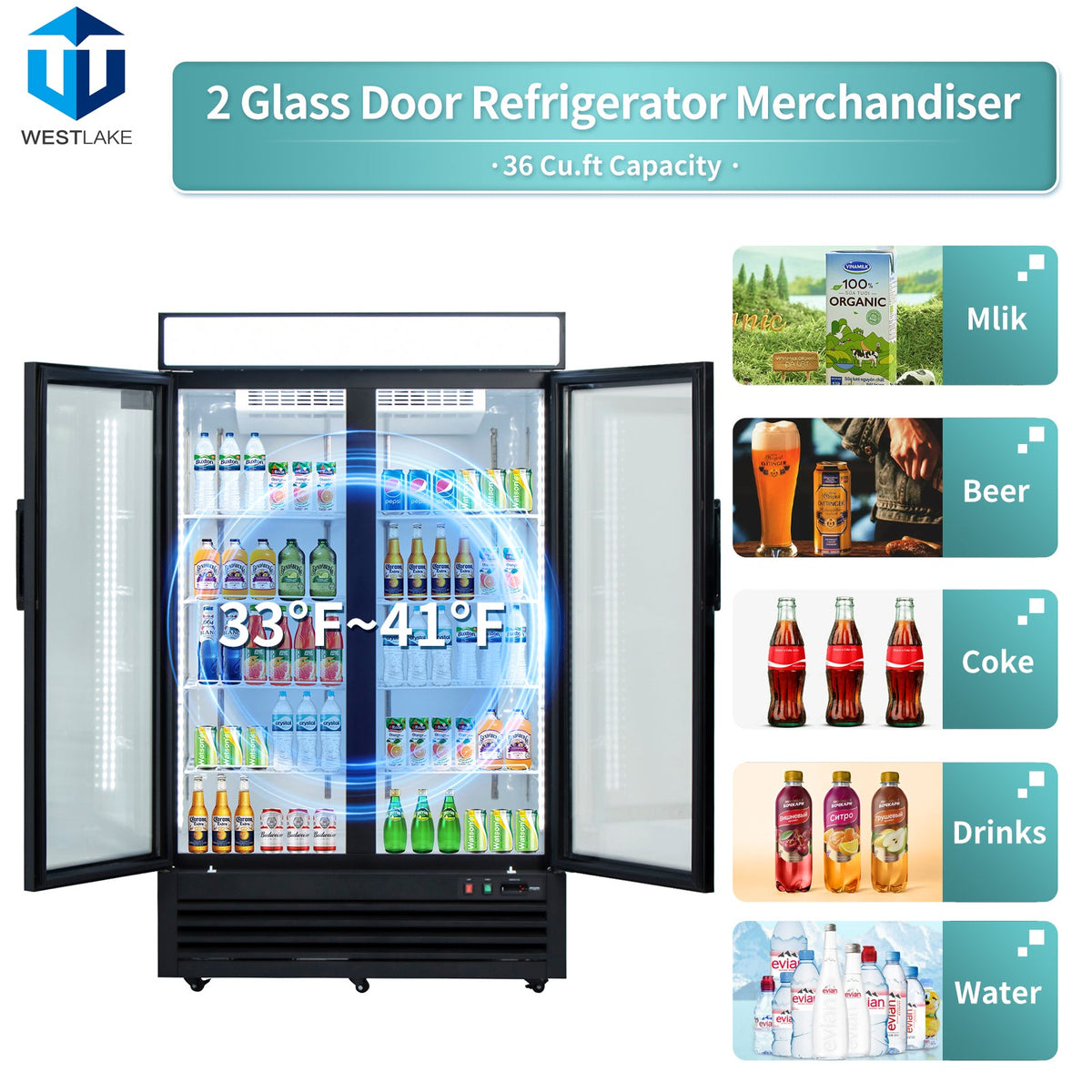 Commercial Refrigerator 2 Glass Door, WESTLAKE 48" W Merchandiser Reach-in Cooler Upright Fridge 36 Cu.ft for Restaurant, Bar, Shop, Retail