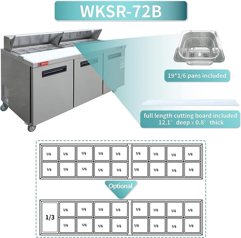 Commercial 72" W 3 Door Refrigerator Sandwich & Salad Prep Table Refrigerator