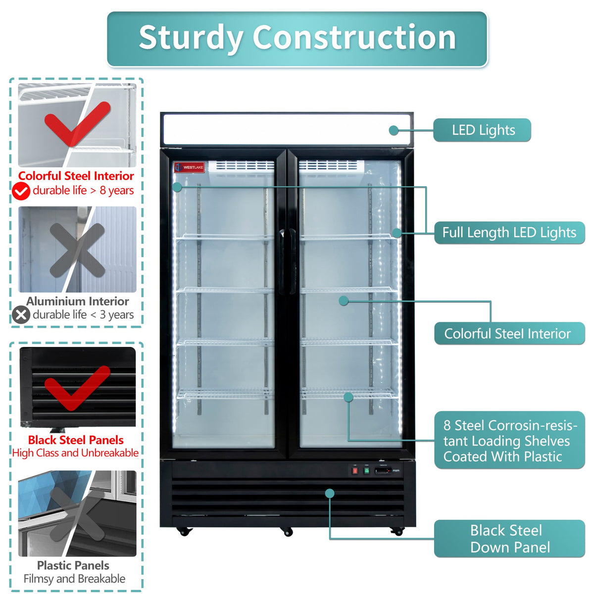 Commercial Refrigerator 2 Glass Door, WESTLAKE 48" W Merchandiser Reach-in Cooler Upright Fridge 36 Cu.ft for Restaurant, Bar, Shop, Retail