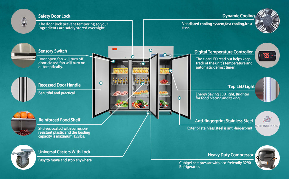 Commercial Reach in Fridge, 3 door 54 Cu.ft  Stainless Steel Commercial Reach in Solid door Upright refrigerator