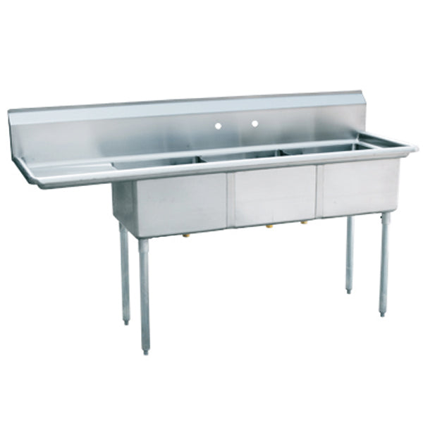 Stainless Steel Three Compartment Commercial Sink 16 Gauge with L Drainboards - 24"x24"x14" Bowl