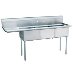 Stainless Steel Three Compartment Commercial Sink 16 Gauge with L Drainboards - 24"x24"x14" Bowl