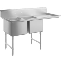Stainless Steel Two Compartment Commercial Sink 18 Gauge with R Drainboards - 24"x24"x14" Bowl