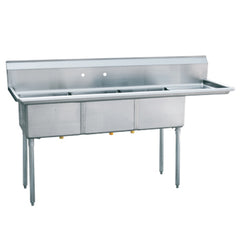 Stainless Steel Three Compartment Commercial Sink 18 Gauge with R Drainboards - 10" x 14" x 10" Bowl
