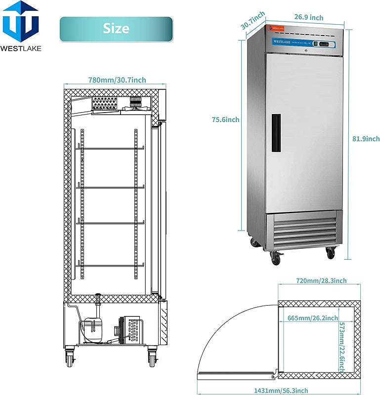 Commercial Reach in Fridge, 23 Cu.ft Stainless Steel Reach in Upright Fan Cooling Refrigerator