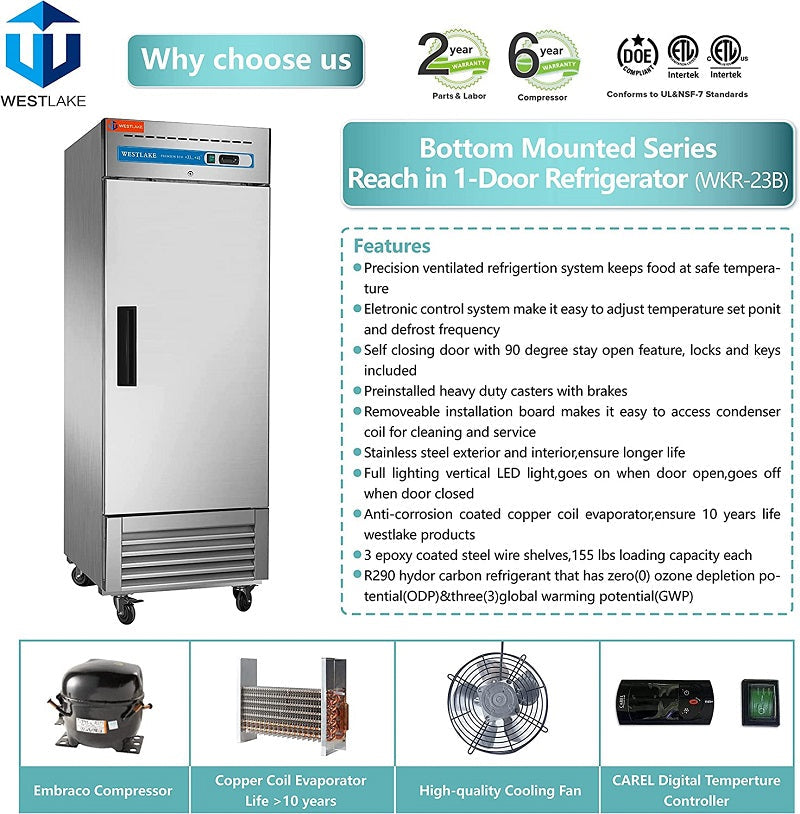 Commercial Reach in Fridge, 23 Cu.ft Stainless Steel Reach in Upright Fan Cooling Refrigerator