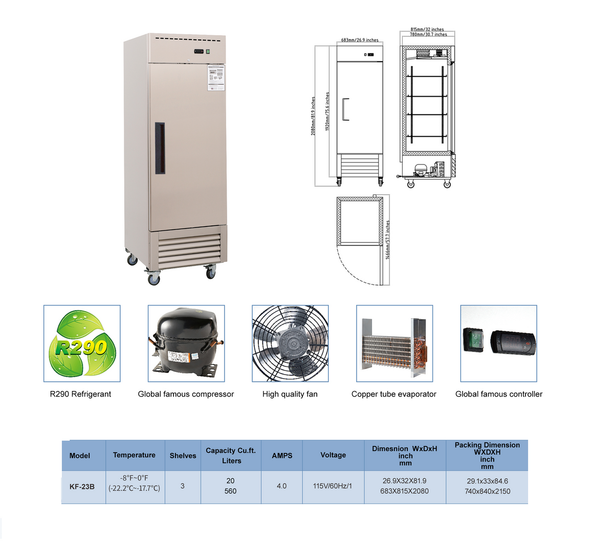 Commercial Reach in Freezer, 23 Cu.ft Stainless Steel Reach in Upright Freezer