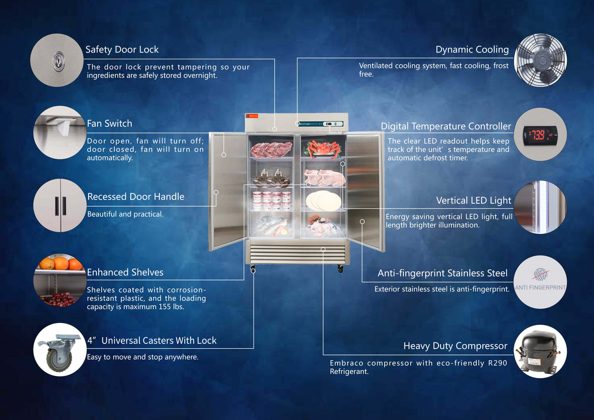 Commercial Reach in Freezer, WESTLAKE 2 door Commercial Freezer 49 Cu.ft Stainless Steel Restaurant Upright Freezer
