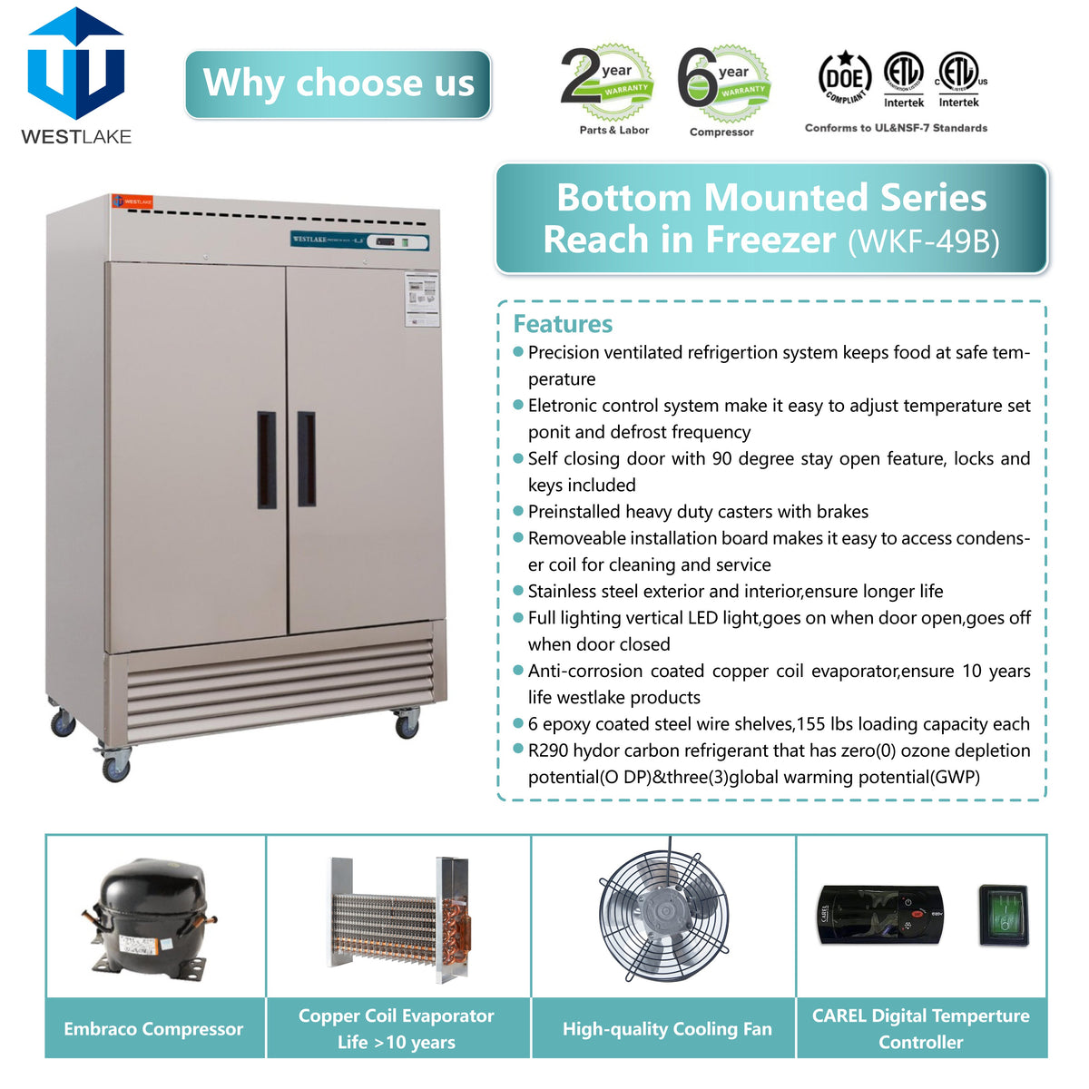 Commercial Reach in Freezer, WESTLAKE 2 door Commercial Freezer 49 Cu.ft Stainless Steel Restaurant Upright Freezer